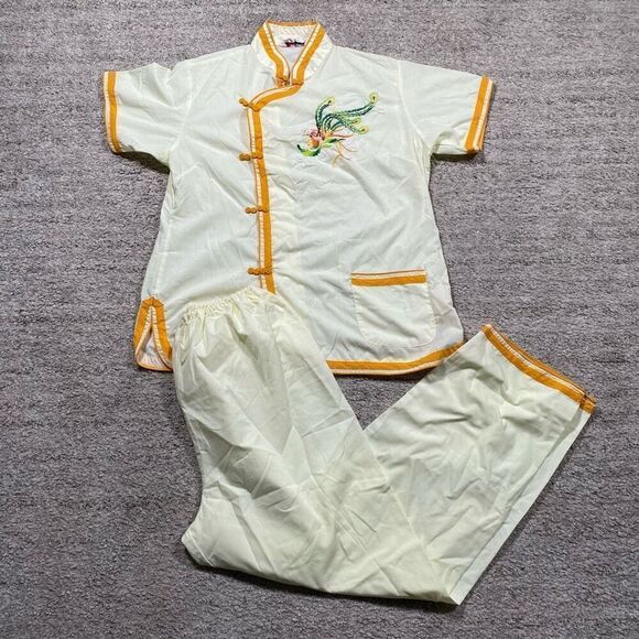 Vintage Asian Oriental Plum Blossom Bird Style 2 Piece Outfit Set - Picture 1 of 6